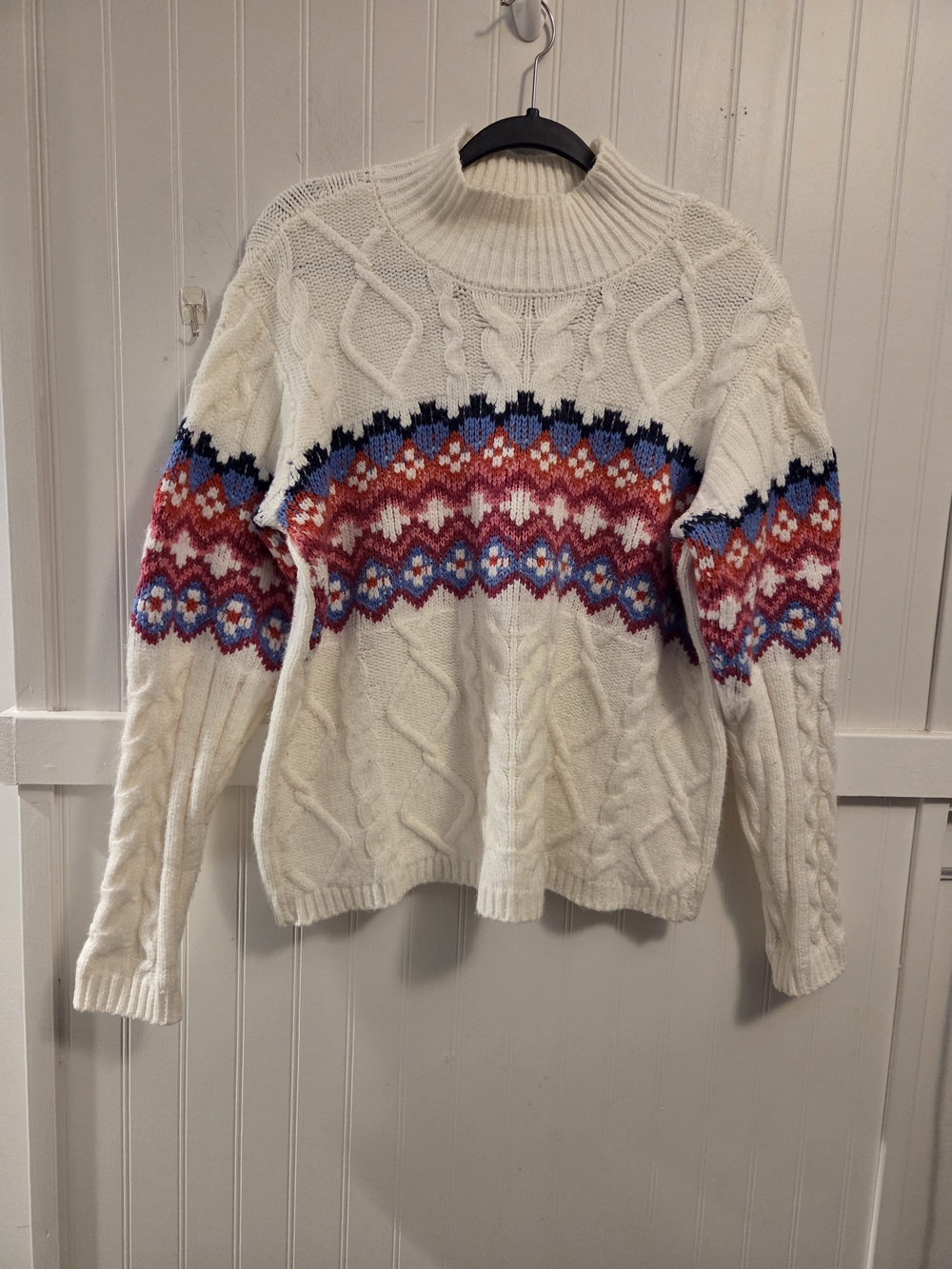St. John's Bay Cream Cable Knit Mock Turtleneck Sweater w Fair Isle Pattern XLP